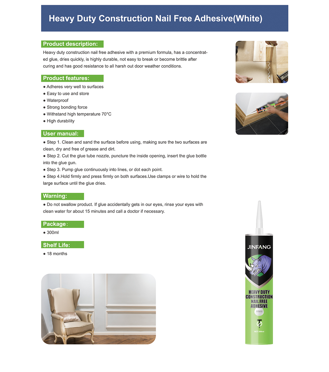 Heavy Duty Construction Nail Free Adhesive(White)